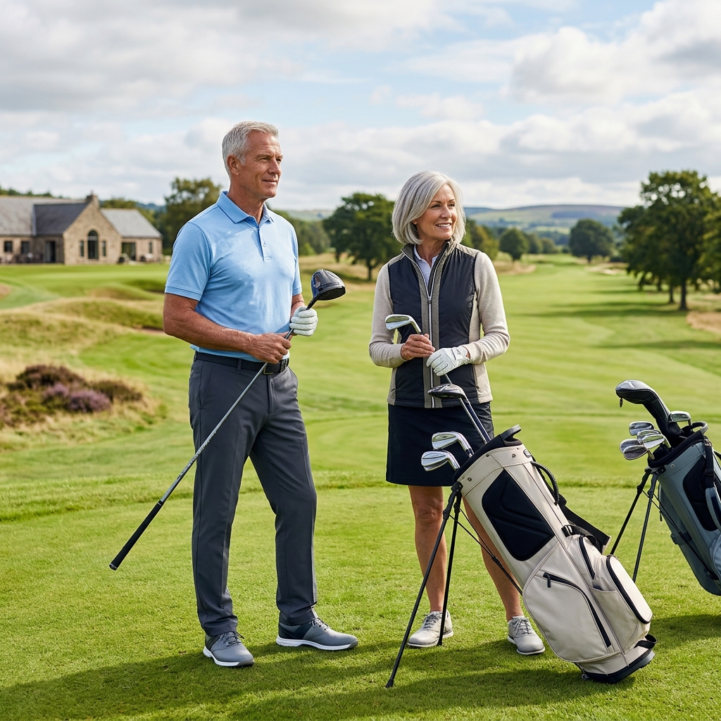 Illustration of two older golfers with clubs on a course.