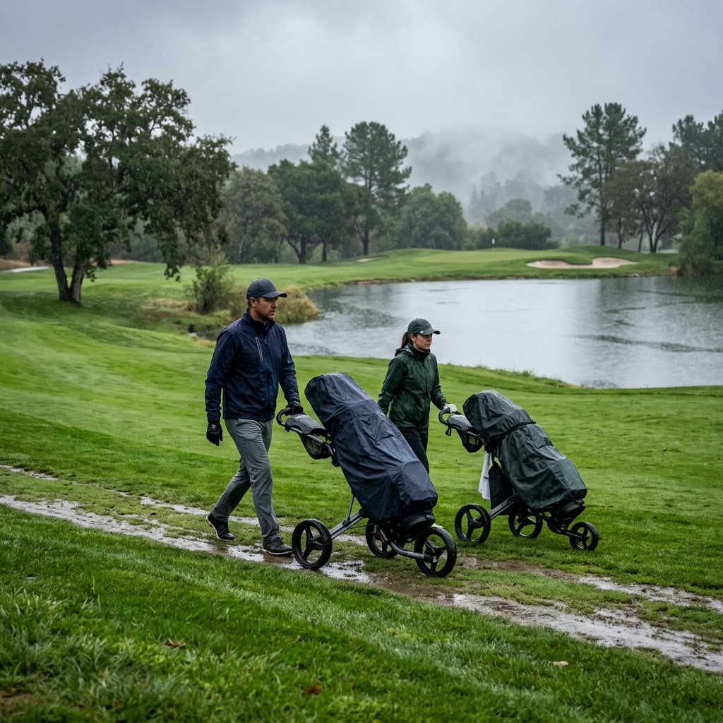Automatic golf bag rain cover protecting clubs on a wet course 2024 guide.