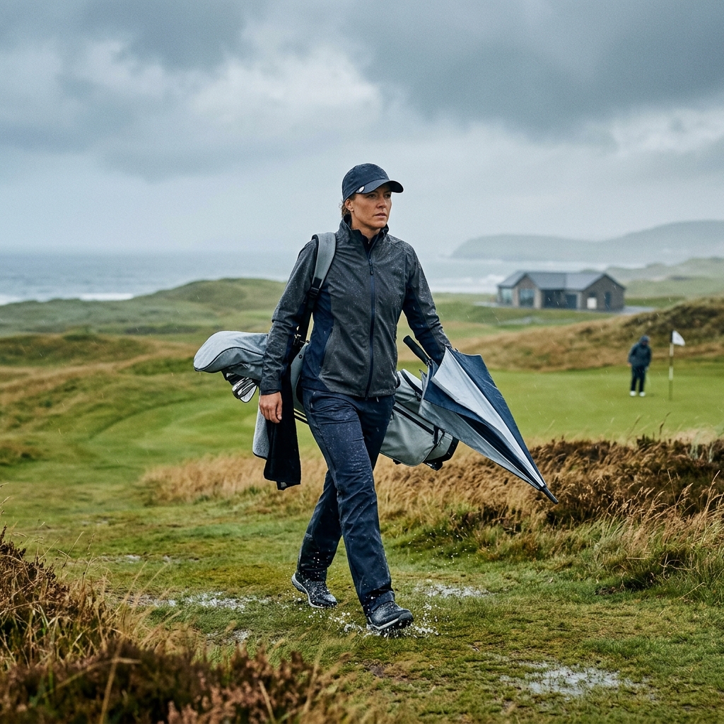 Illustration of a golfer carrying a bag in wet weather.