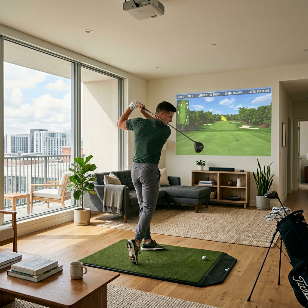 Golf practice at home setup with mat and net for 2024 improvement.