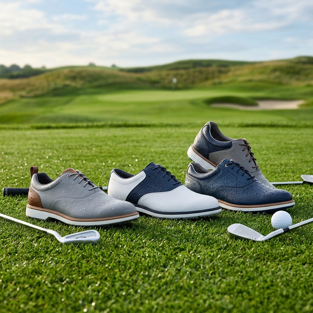 Illustration of golf shoes arranged on short grass.