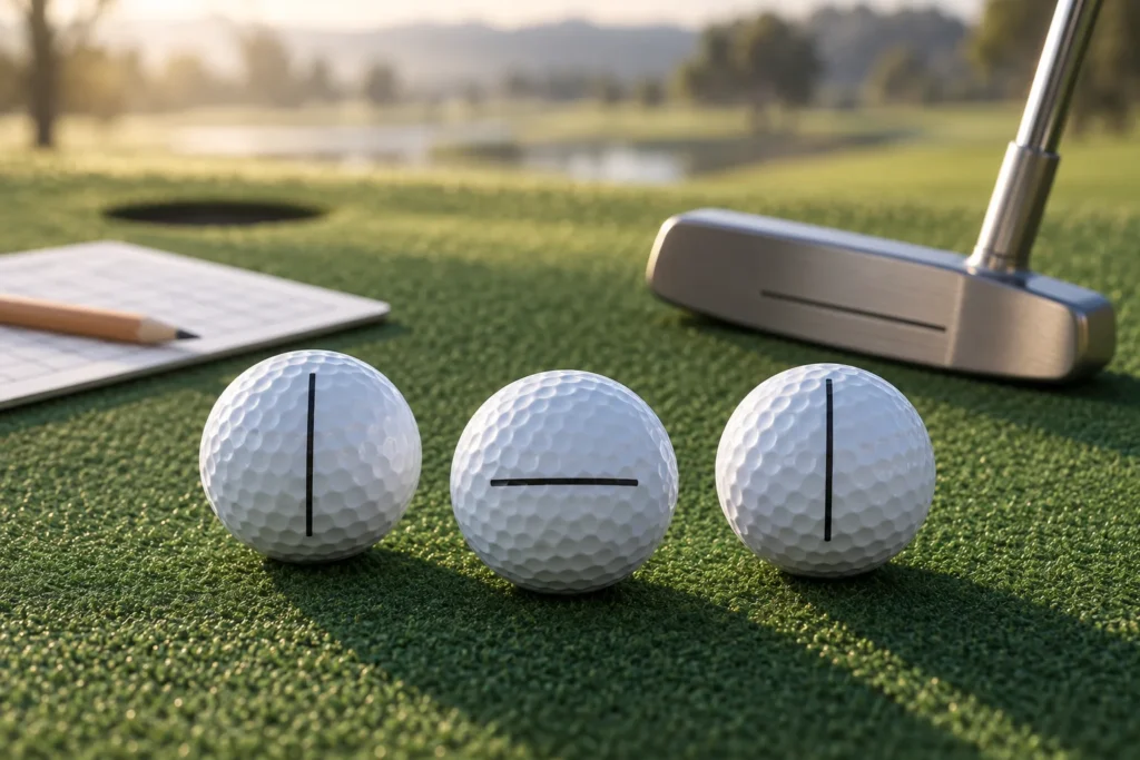 Three unbranded golf balls with alignment lines beside a putter