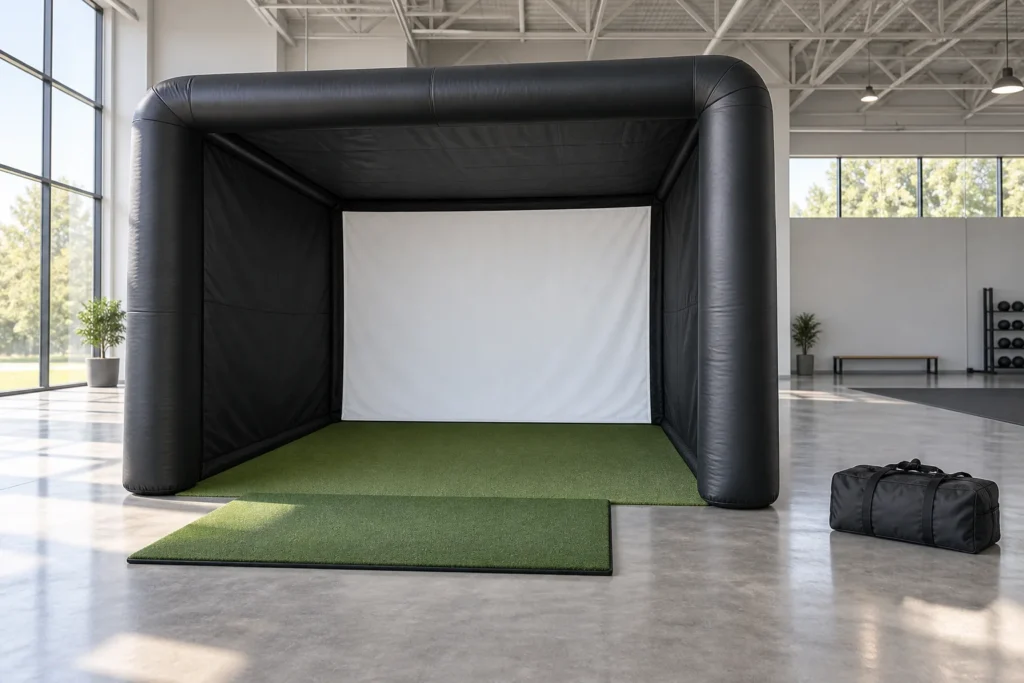 Conceptual inflatable golf practice bay with an impact screen and hitting mat
