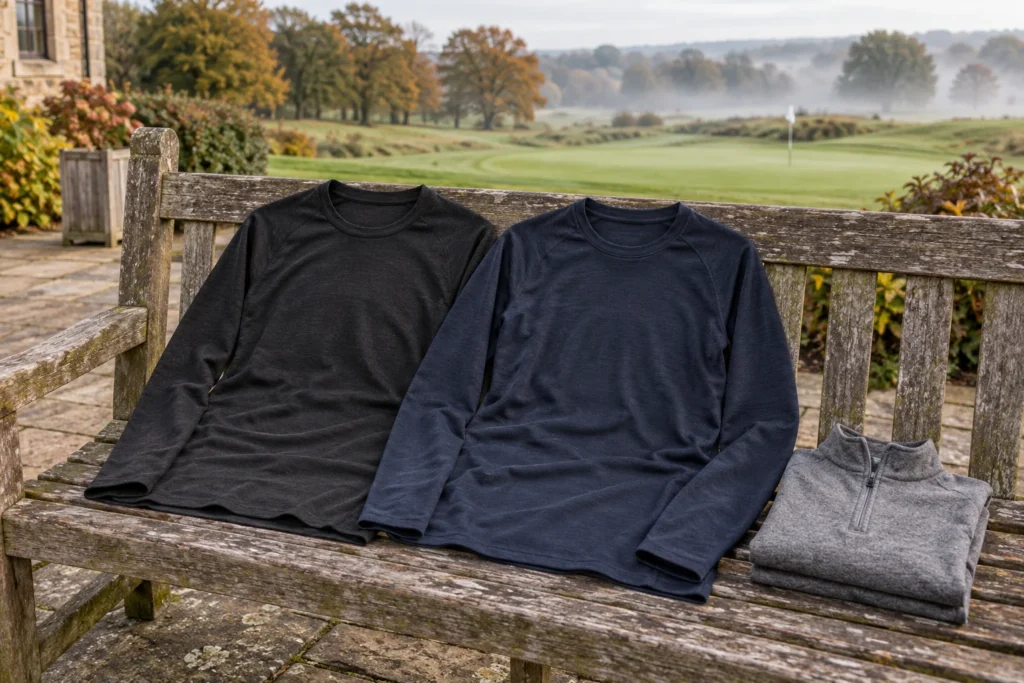 AI illustration of charcoal and navy thermal tops on a clubhouse bench overlooking an autumn golf course.