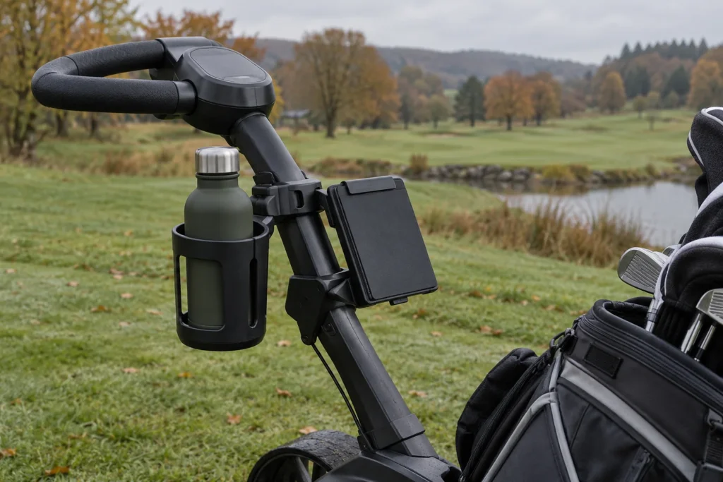 A generic golf trolley handle with an accessory mounting block, bottle and scorecard holder. AI-generated illustration.