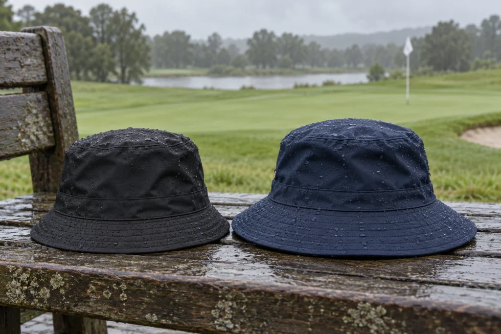 Two unbranded golf bucket hats with water droplets on an outdoor bench. AI-generated illustration.