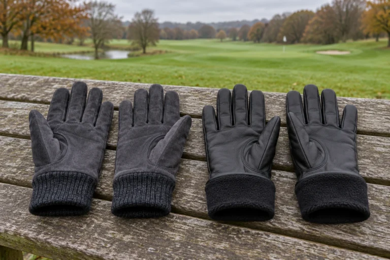 AI illustration of two winter golf glove pairs with synthetic and leather palms on a bench beside a golf course.