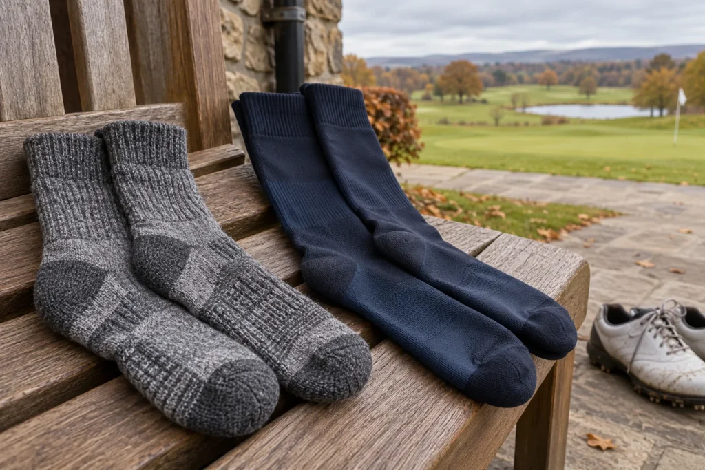 Four pairs of unbranded winter socks on a bench beside golf shoes. AI-generated illustration.