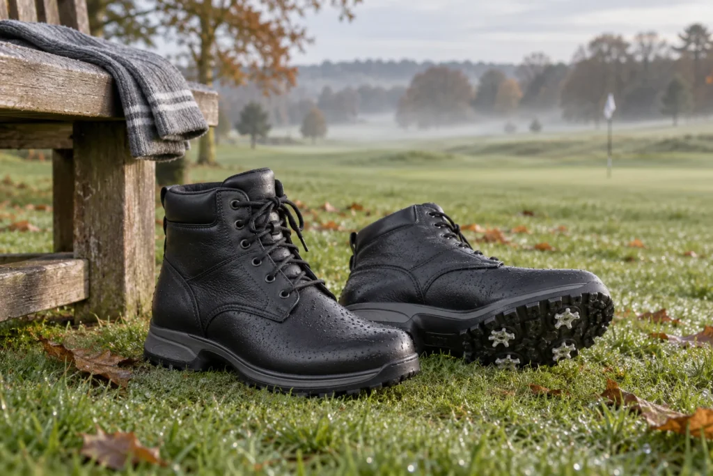 AI illustration of black ankle-high golf boots with golf cleats beside a damp autumn fairway.
